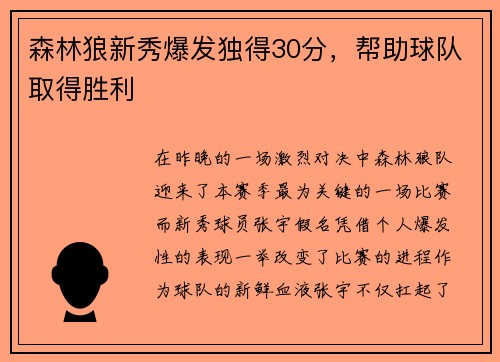 森林狼新秀爆发独得30分，帮助球队取得胜利